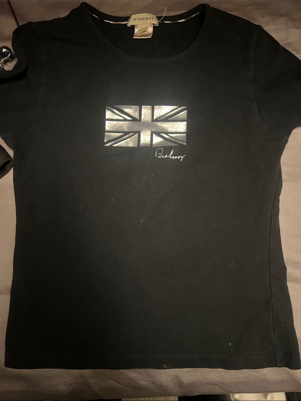 Burberry Black Kids Short-Sleeve Tee with Metallic Silver Union Jack